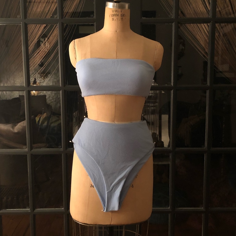 RETRO HIGH LEG HIGH WAIST BANDEAU BIKINI BLUE